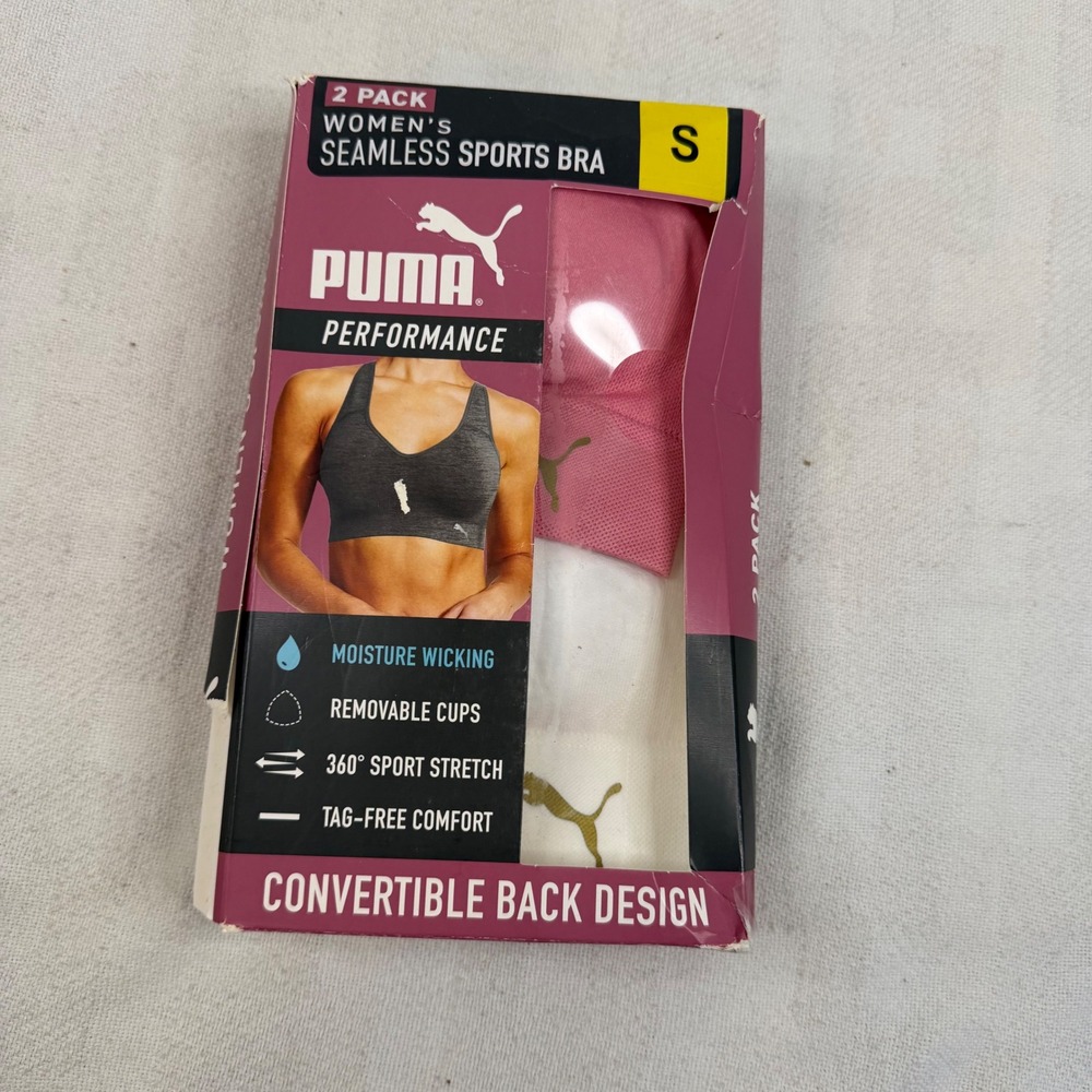 Puma Womens 2 Pack Seamless Sports Bra Pink White Convertible Back Small 4424